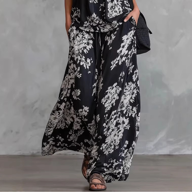 Floral Print Sleeveless Top and Pants Chiffon Set