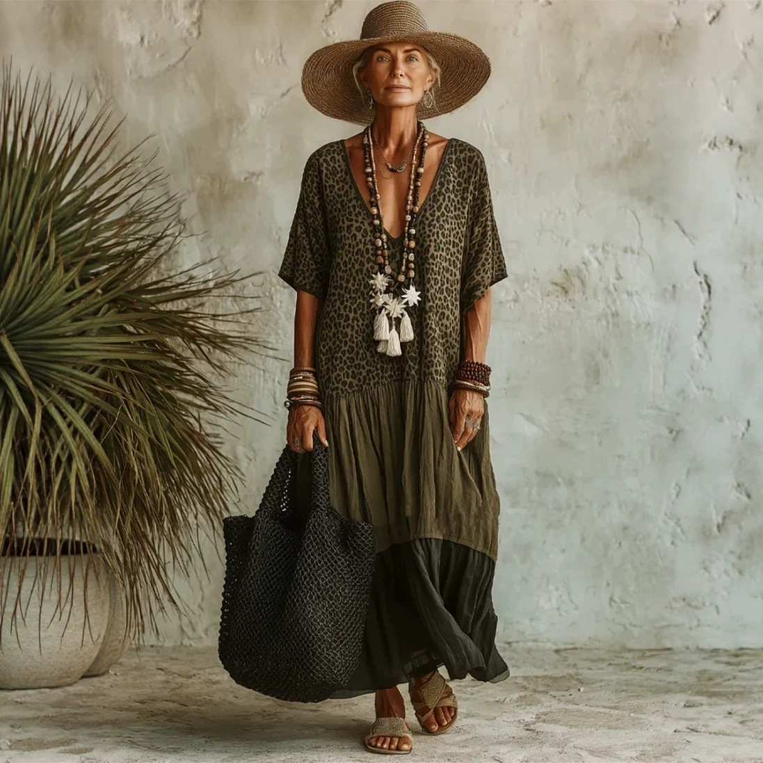 Leopard Print V-Neck Batwing Sleeve Color Block Boho Casual Dress