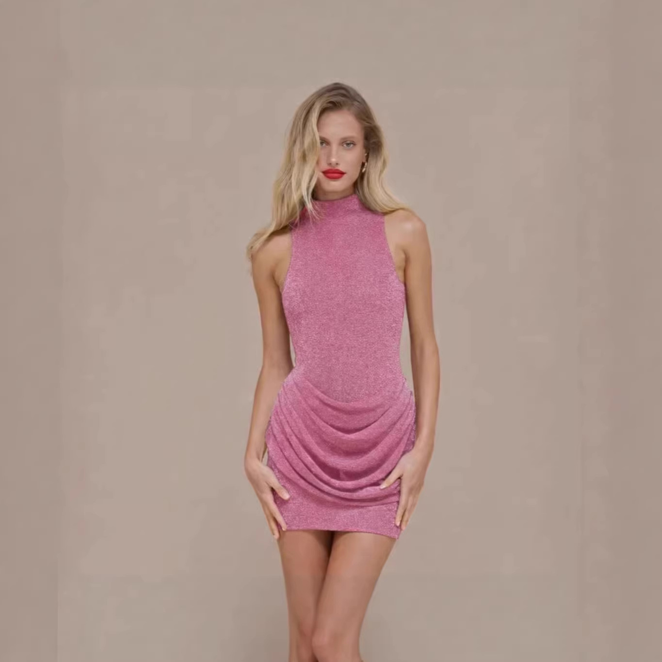 Women's Sleeveless Mock Neck Glitter Bodycon Mini Dress