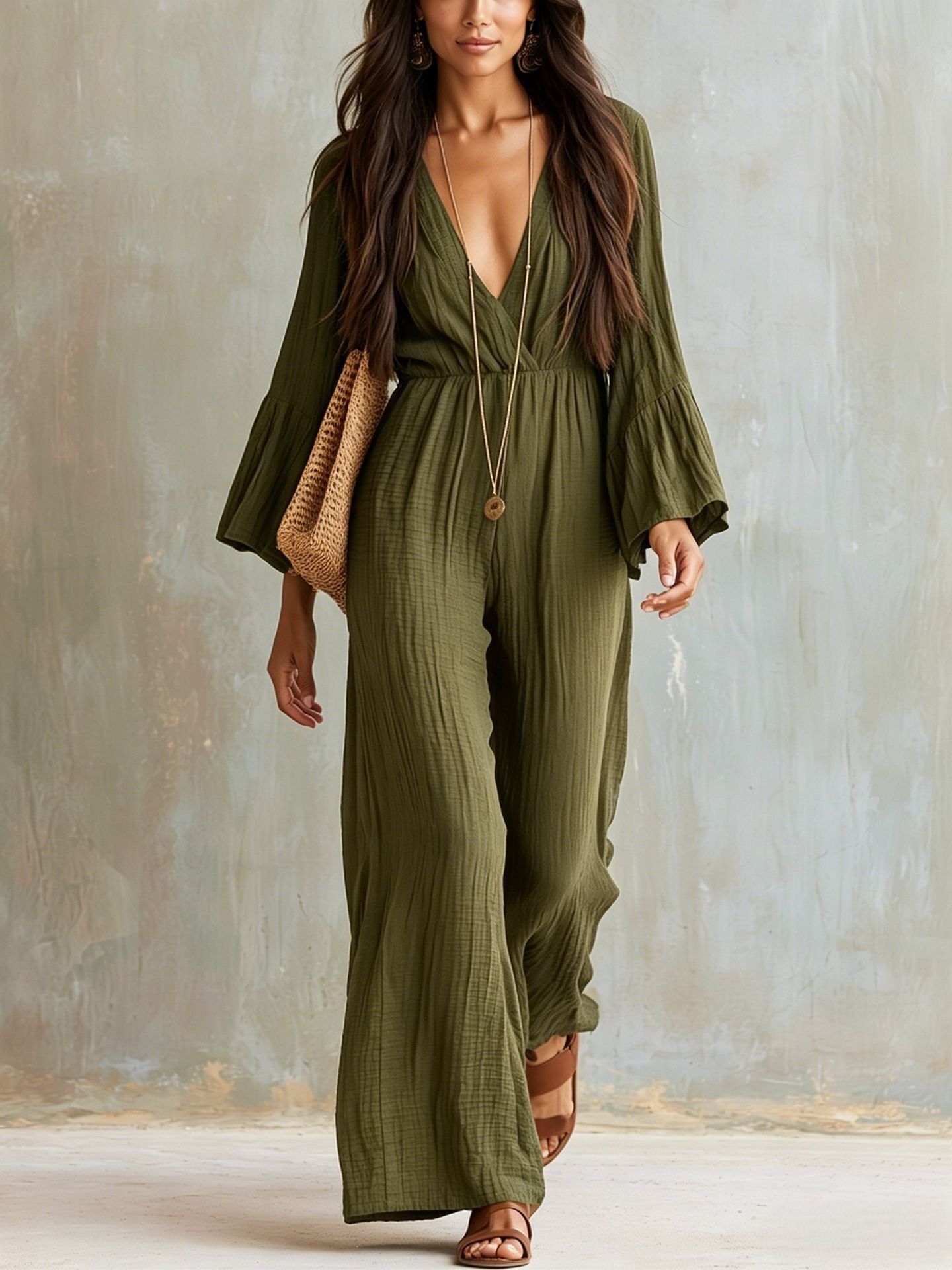 Boho V-Neck Long Sleeve Wide Leg Jumpsuit