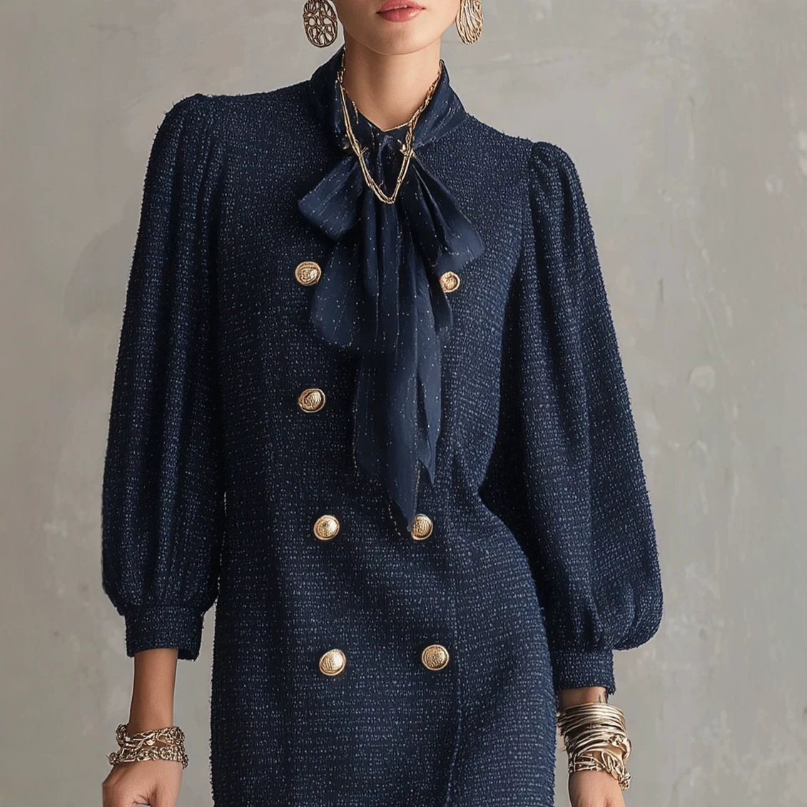 Double-Breasted Bow-Collar Mini Dress