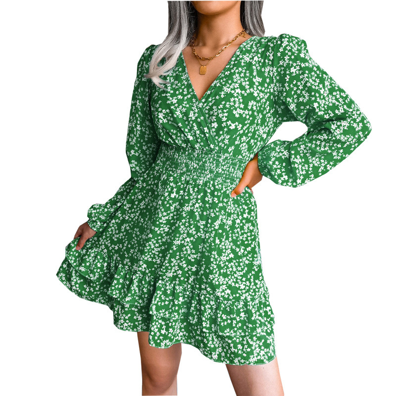 Sexy Floral Chiffon Dress V-Neck Long Sleeve High Waist A-Line Midi