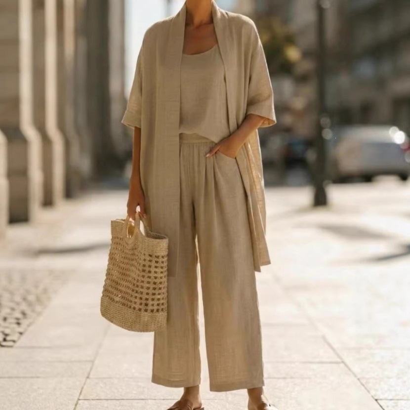 Women's Summer Breathable Linen 3-Piece Set White Cardigan Cami Wide-Leg Pants