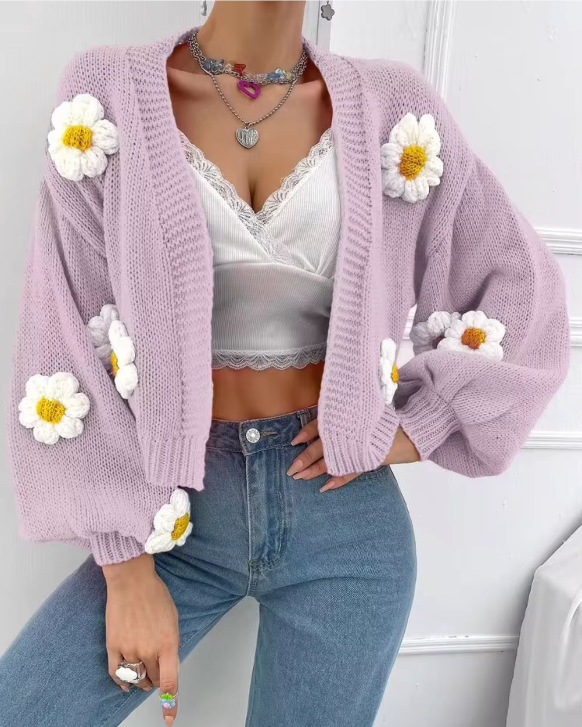 Women's Crochet Floral Spliced Button Cardigan Sweater