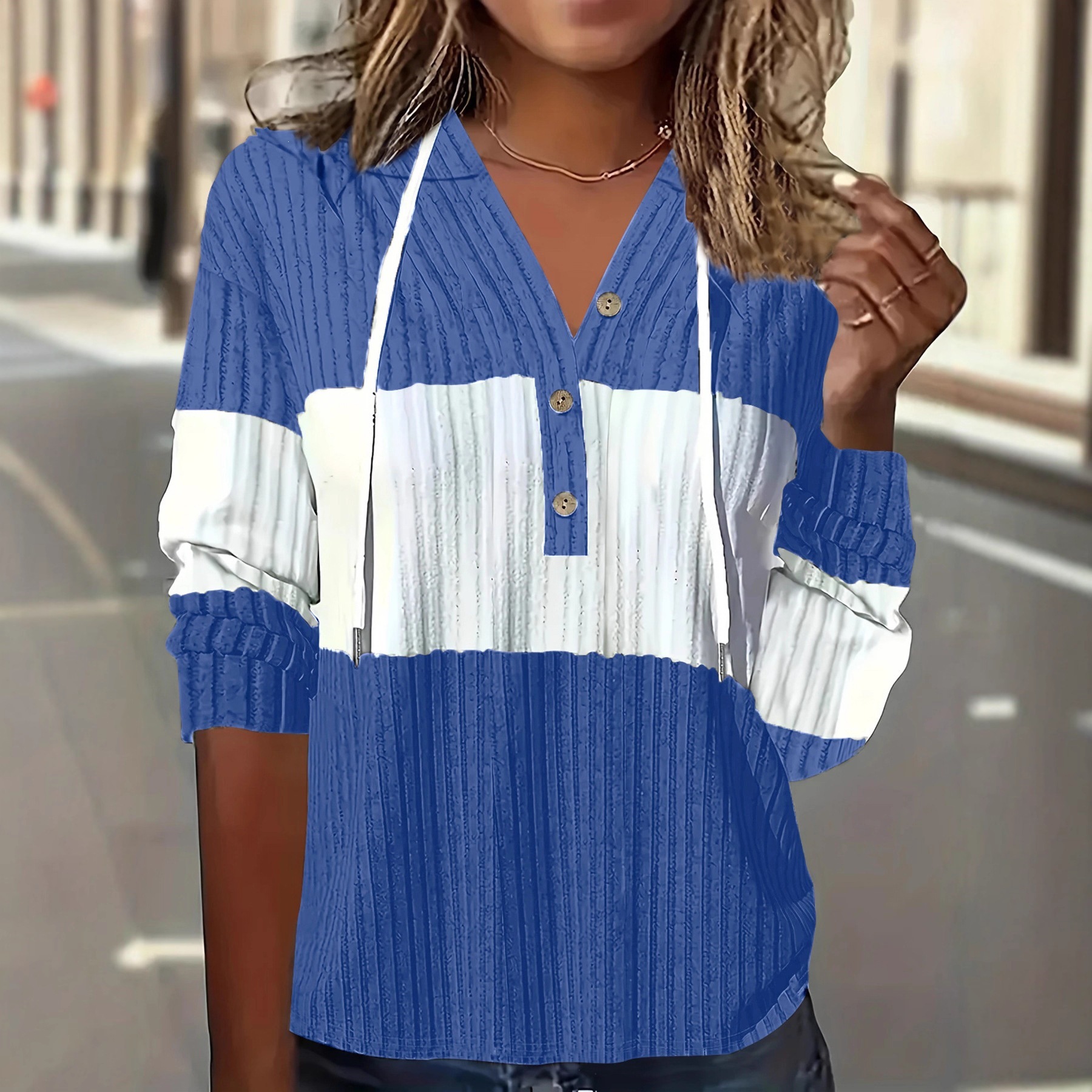 Color-Block Hooded Long-Sleeve Button Drawstring Striped Panel Loose Top