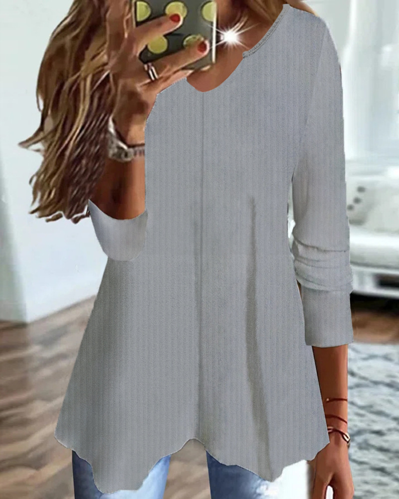 Women's Solid Color V-Neck Knit T-Shirt Long Sleeve Loose Fit