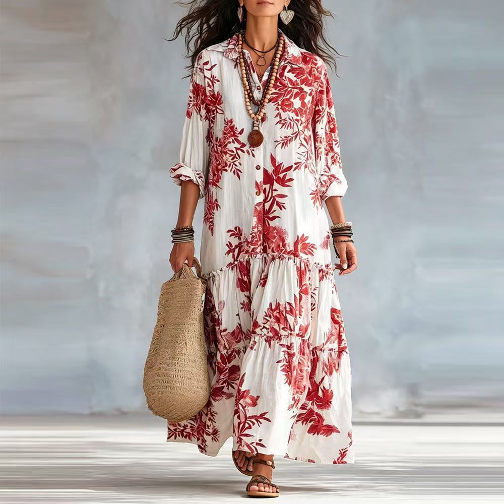 Women's Long Sleeve Collared Boho Floral Print Maxi Dress