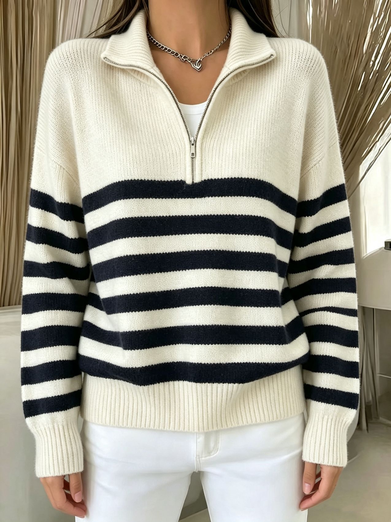 Striped Color-Block Half-Zip Sweater