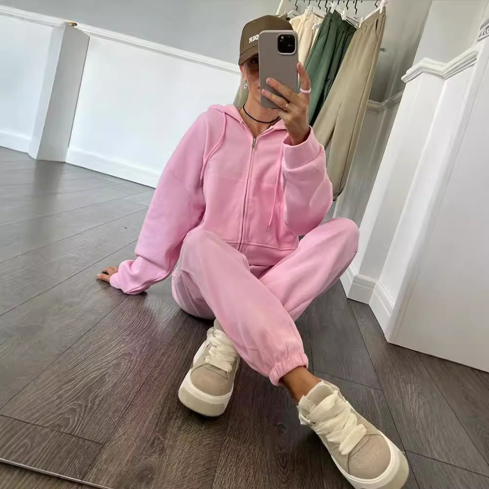 Women's Solid Color Long Sleeve Zip Hoodie and Drawstring Pants Two-Piece Set