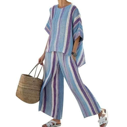 Women's Striped Print Crewneck 3/4 Sleeve Top & Pants Casual Set