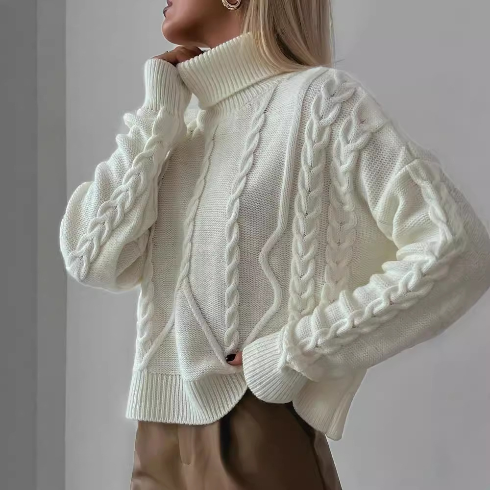Cable-Knit Turtleneck Pullover Sweater with Diamond Jacquard