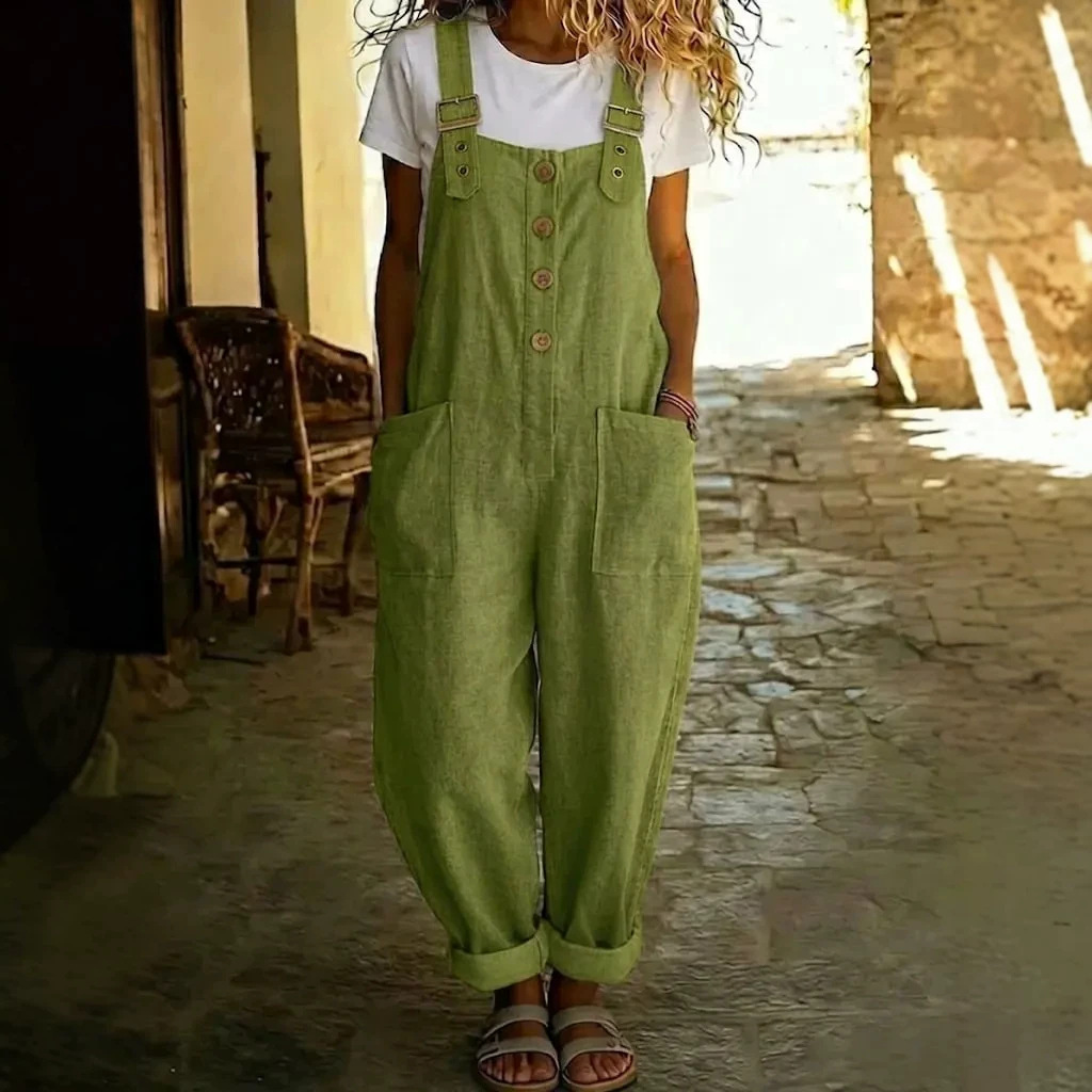 Women's Cotton-Linen Solid Color Vintage Straight-Leg Overalls with Pockets