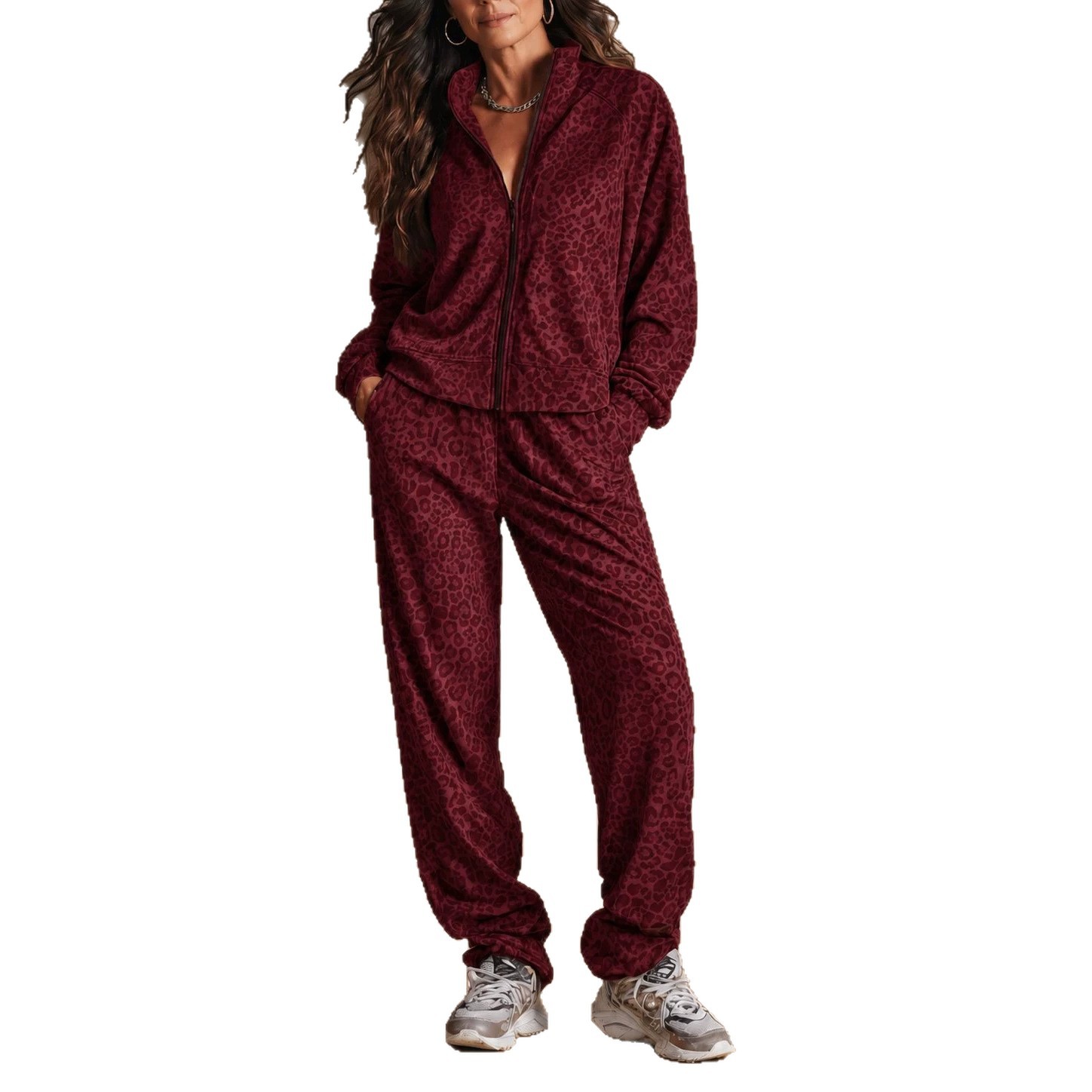 Women's Leopard Print Zip-Up Track Jacket and Pants Set
