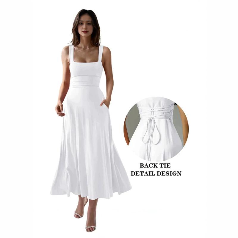 Women's Wide Strap Square Neck A-Line Midi Dress with Adjustable Waist