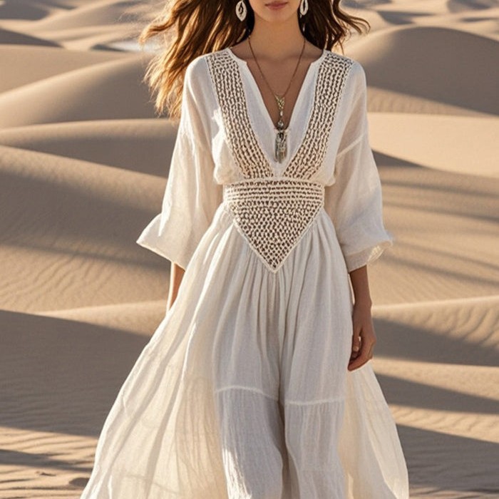 Women's Hollow-Out V-Neck Long Sleeve Maxi Dress