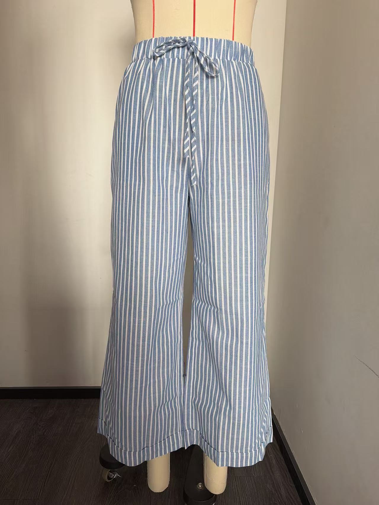 Striped High-Waist Cropped Casual Pants