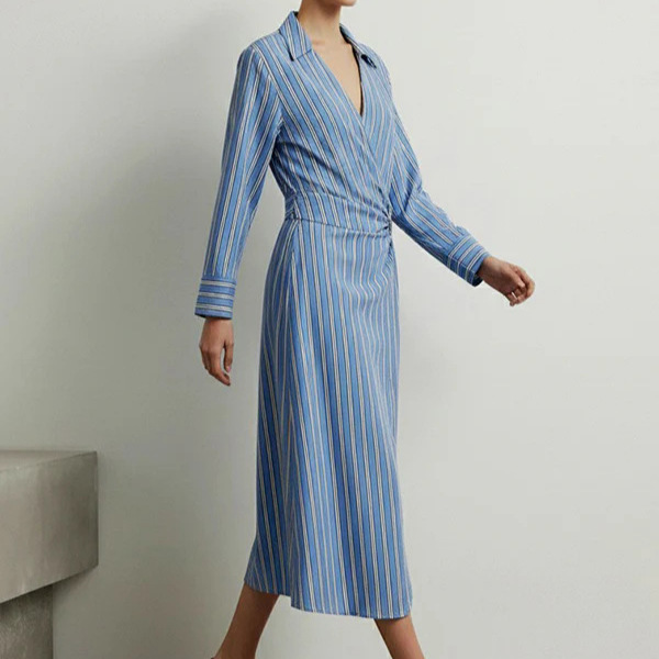 Striped Tie-Waist Long-Sleeve Midi Shirt Dress