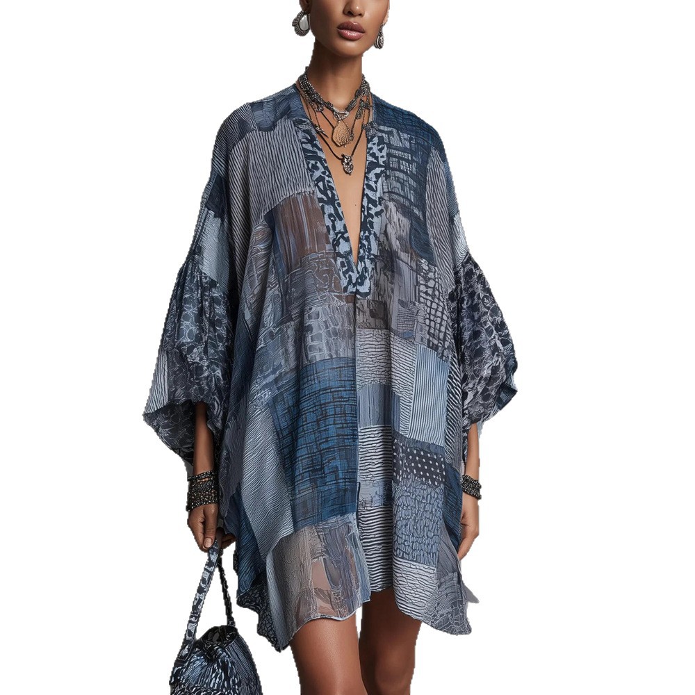 Women's Plaid Print Loose Casual Long Dress V-Neck