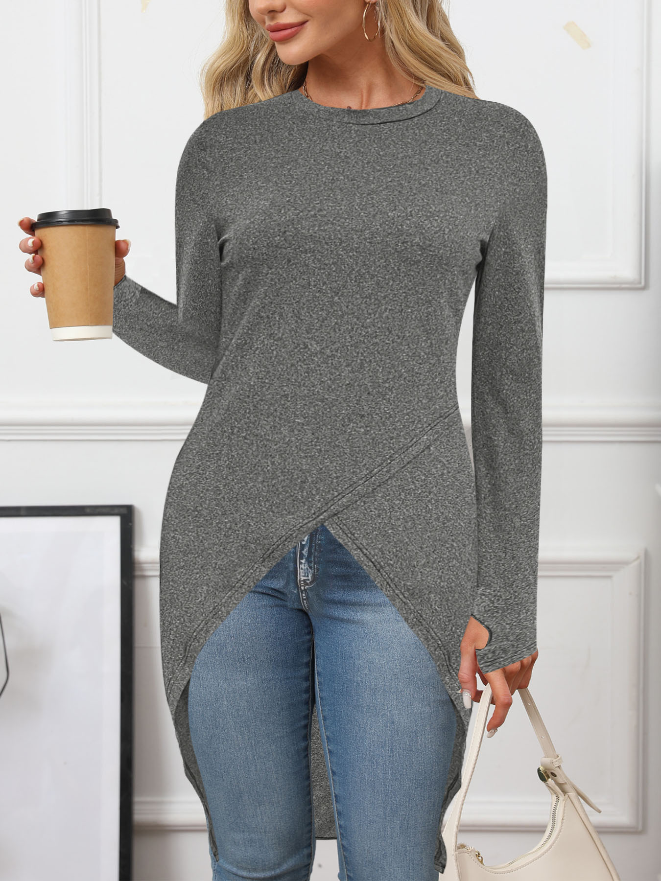 Solid Crewneck Long Sleeve Slit Midi Dress