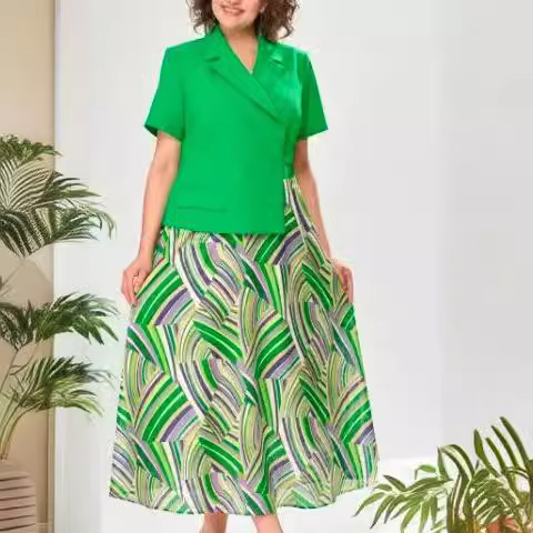 Women's Green Short Sleeve Midi Dress French Style Paneled Blazer Dress