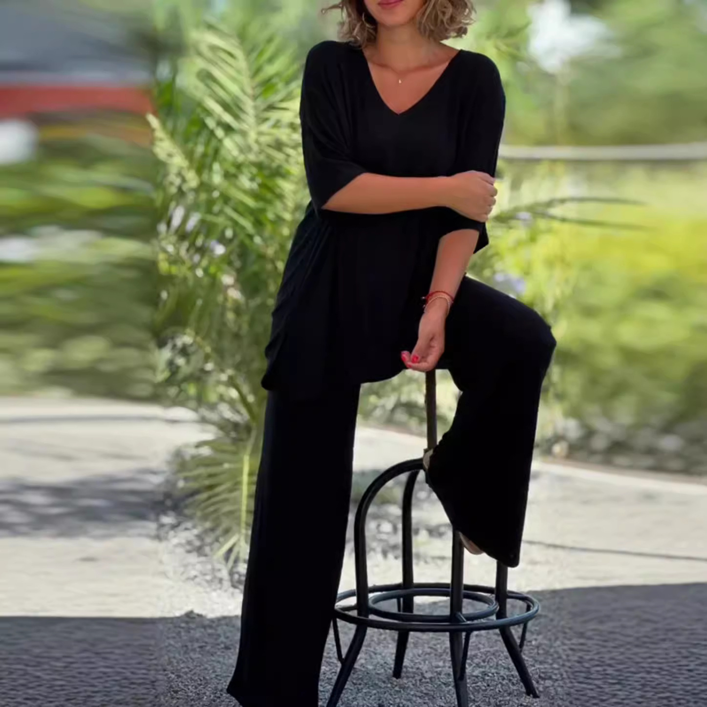 Women's Knit Top and Straight-Leg Pants Two-Piece Set Casual Loose Fit