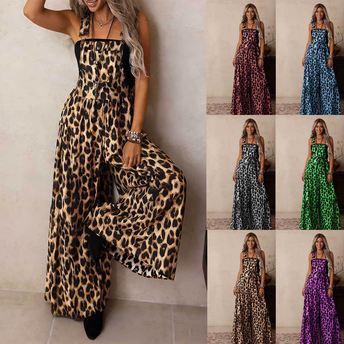 Women's Leopard Print Wide-Leg Jumpsuit with Adjustable Straps