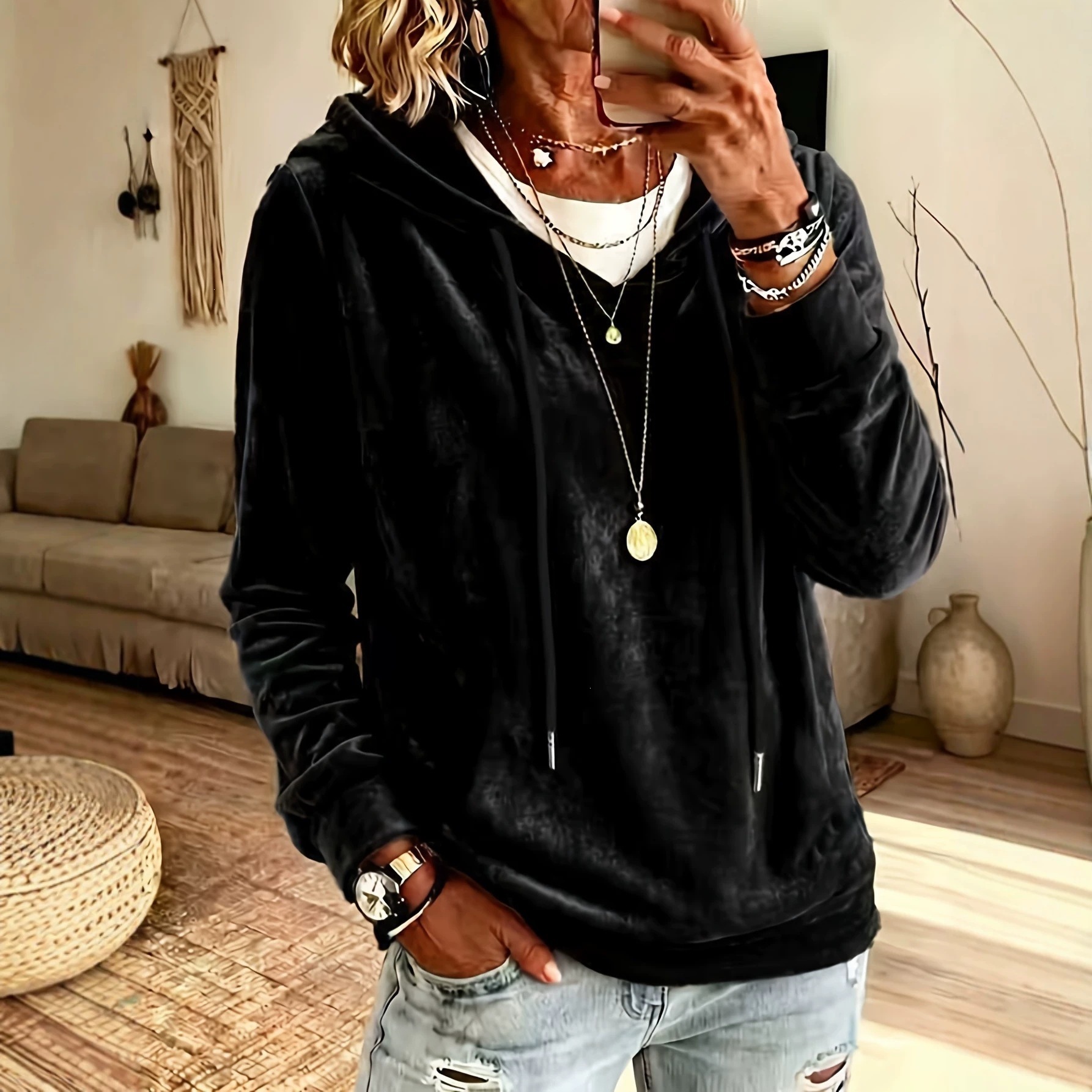Women's Elegant Solid Velvet Hooded Long-Sleeve Top Sky Blue