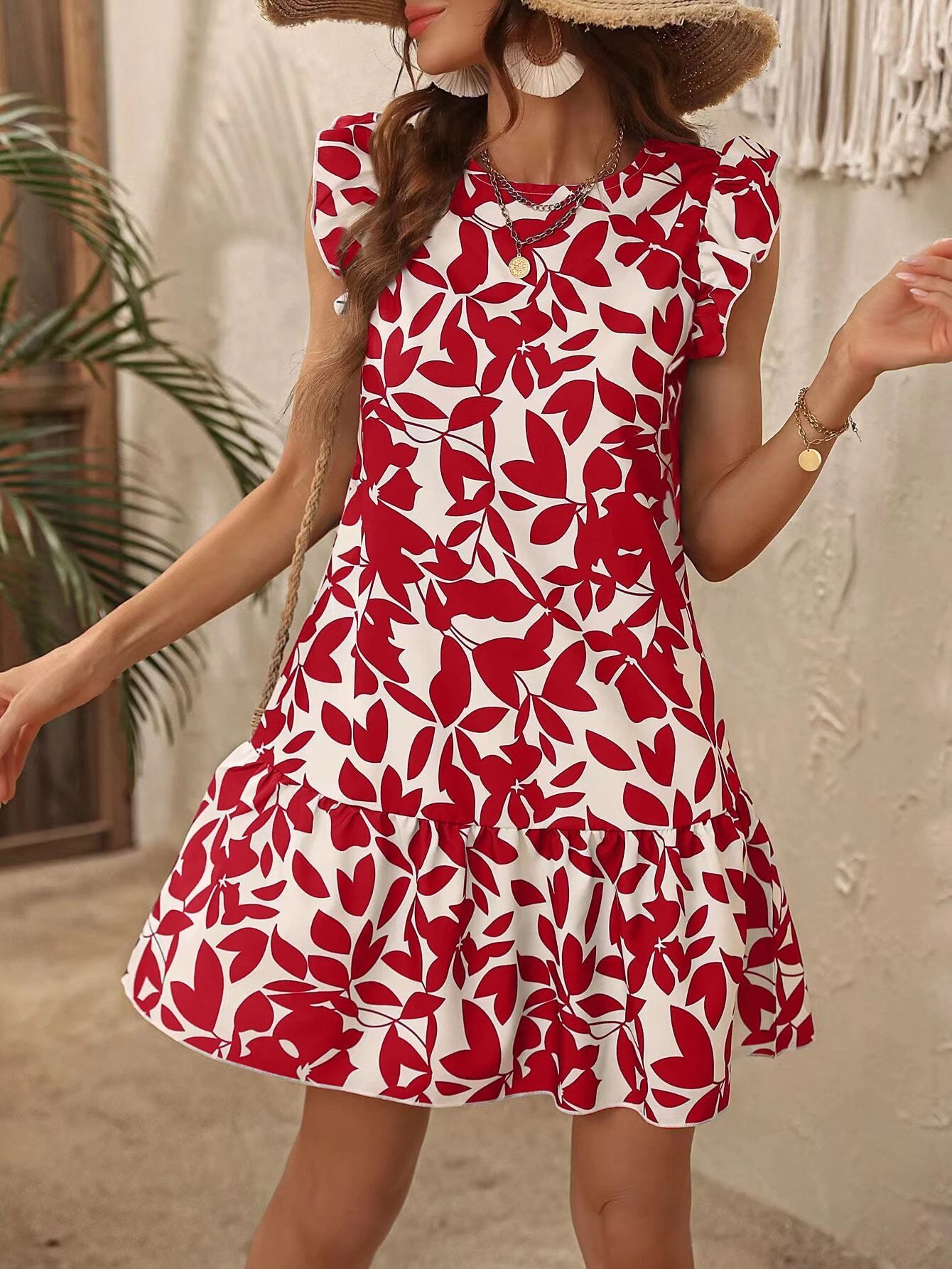 Women's Summer Floral Print Dress with Ruffle Trim and Fly Sleeves