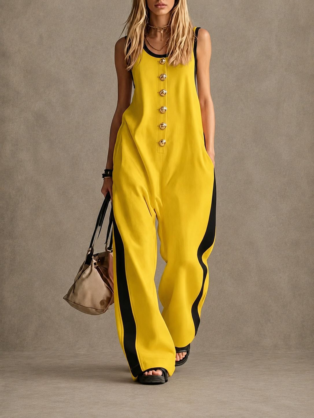 Women's Sleeveless Round Neck Colorblock Jumpsuit with Button Detail