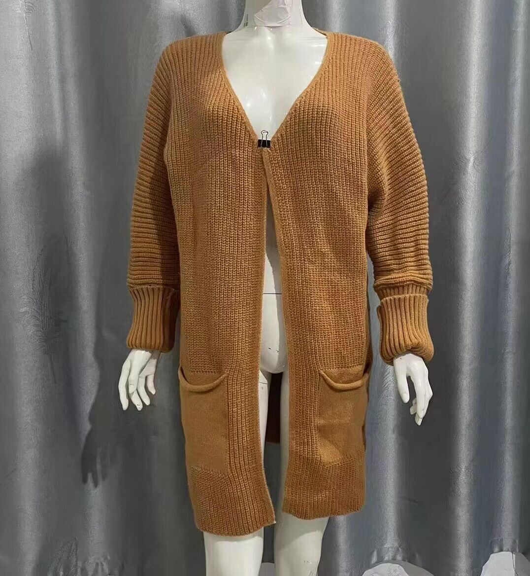 Solid Color Loose Knit Cardigan with Batwing Sleeves, Mid-Length