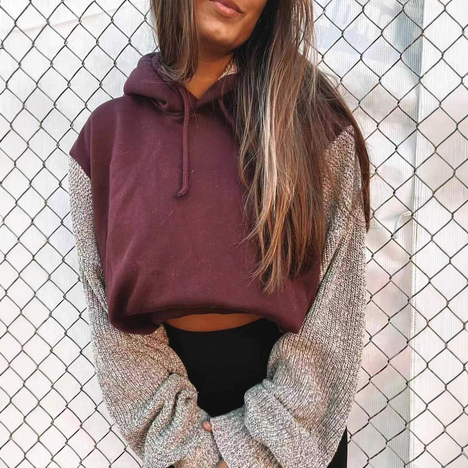 Women's Color-Block Hooded Long-Sleeve Knit Cropped Sweatshirt