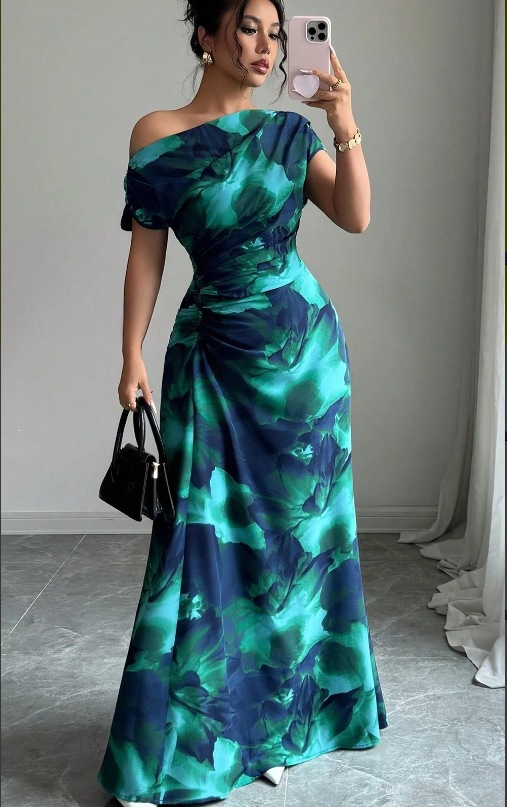 Printed One-Shoulder Bodycon Midi Dress with Pleated Details