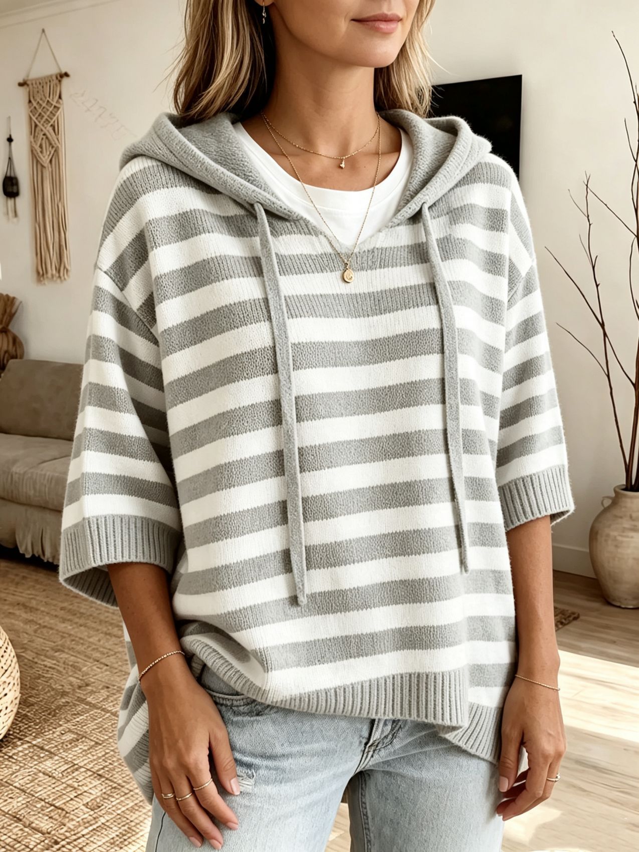 Striped Hooded Knit Pullover Sweater with Drawstring
