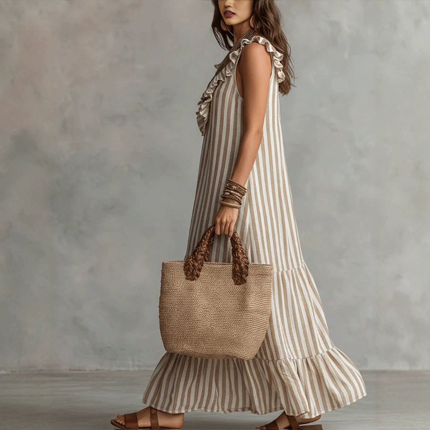 Striped Ruffle Sleeveless V-Neck Loose Boho Dress