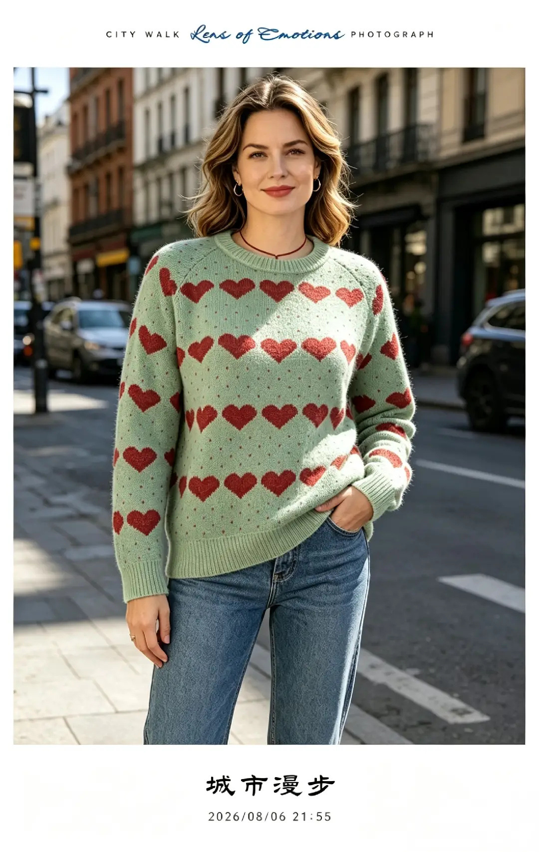 Heart Jacquard Knit Cardigan Wool-Blend V-Neck Loose Casual Sweater