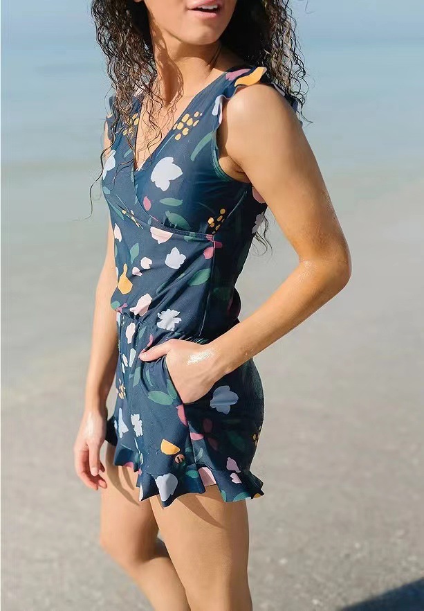 Women's One-Piece Swimsuit with Built-in Bra, Printed Ruffle Sleeve, Boy-Leg Cut