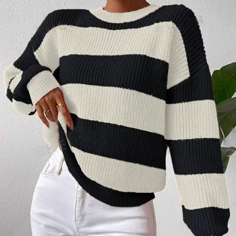 Striped Crewneck Pullover Sweater Loose Fit Long Sleeve Knit Top