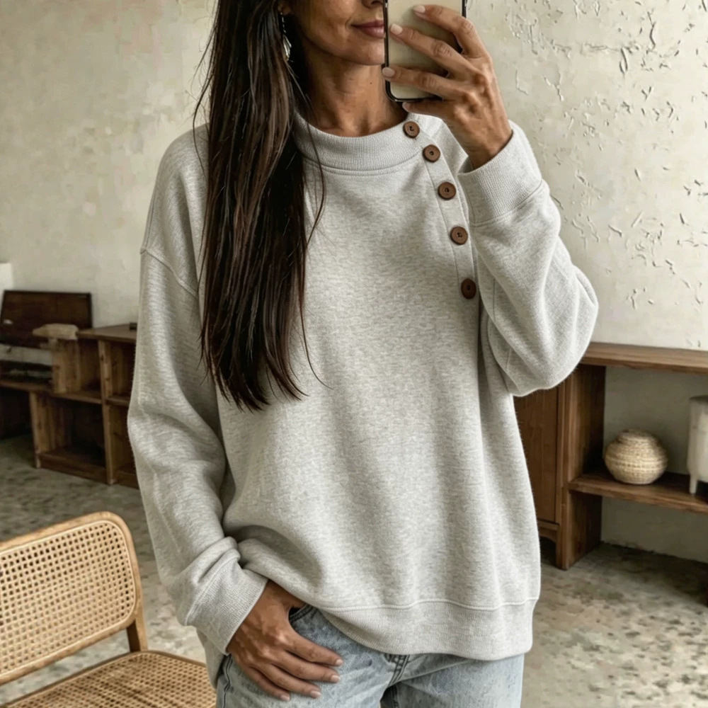 Solid Half-Turtleneck Button-Trim Long-Sleeve Sweatshirt