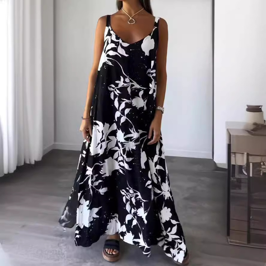 Floral Print V-Neck Open-Back Sleeveless A-Line Maxi Dress