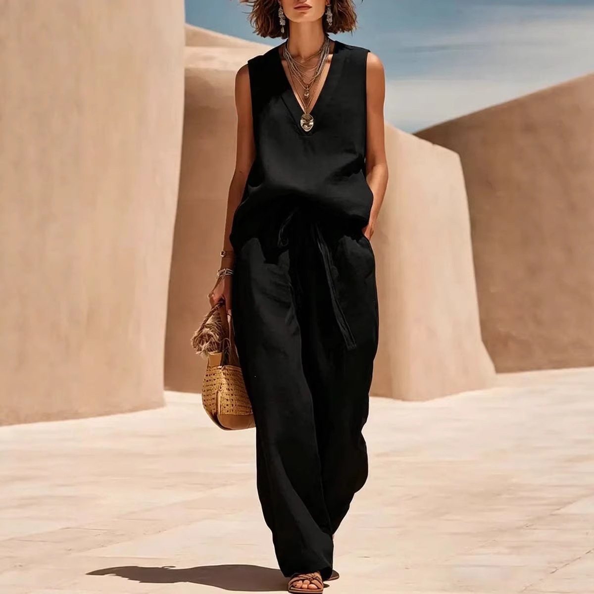 Women's Cotton-Linen Sleeveless V-Neck Two-Piece Set Casual Summer Outfit