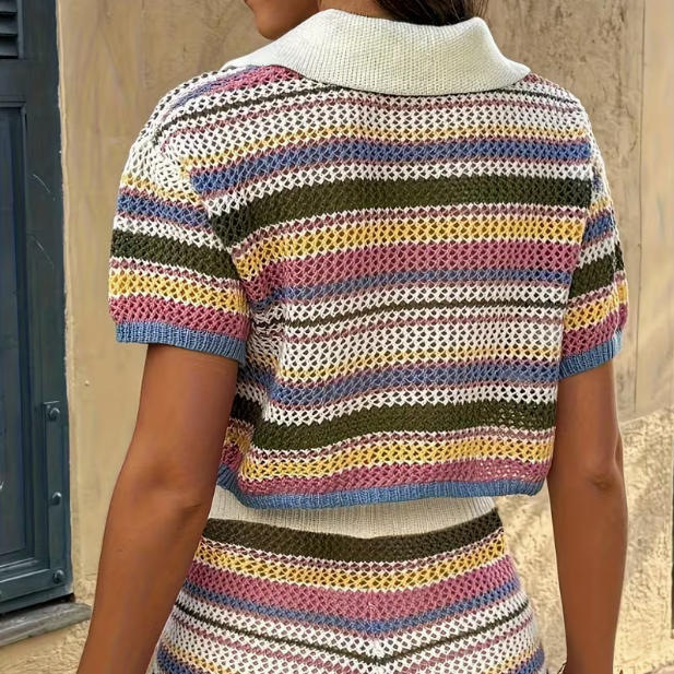 Rainbow Striped Knit Cardigan and Shorts Two-Piece Set