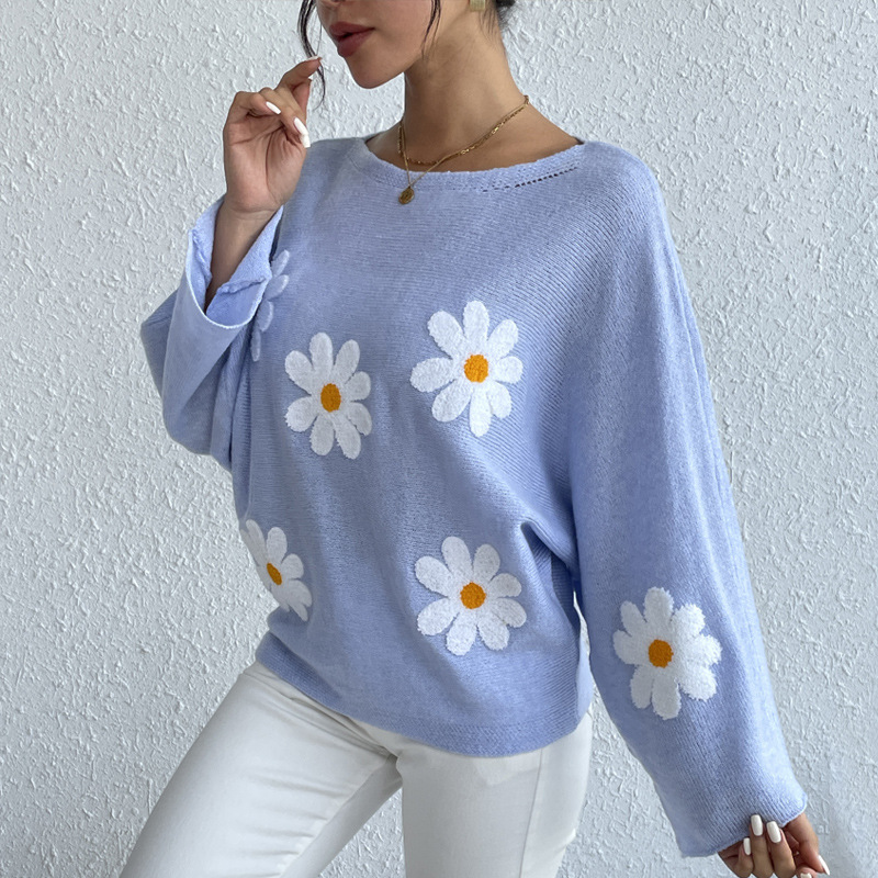 Sweet Floral Embroidered Off-Shoulder Loose Knit Sweater