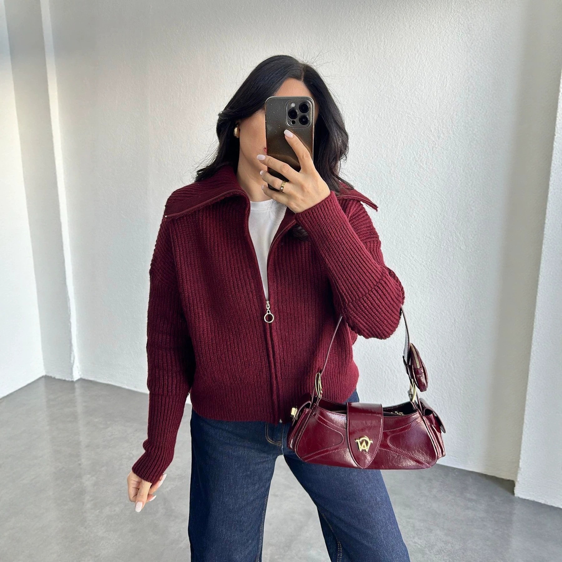 Women's Thick Loose V-Neck Zip-Up Cardigan Sweater Coat Solid Color