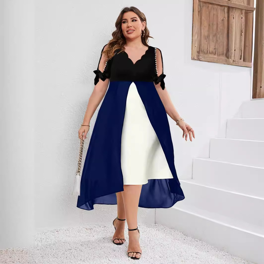 Plus Size V-Neck Faux Two-Piece Asymmetric Midi Dress