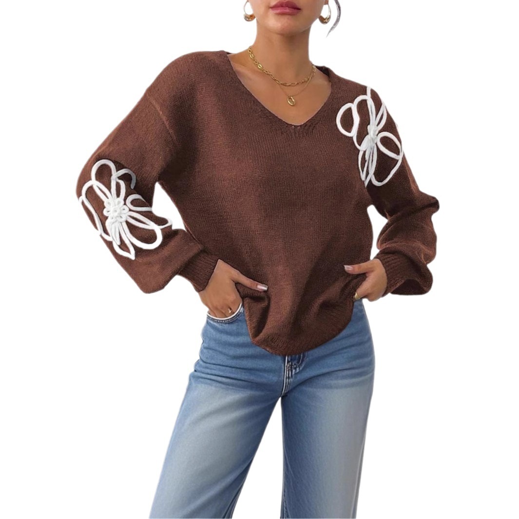 Floral Ribbon Embroidered V-Neck Pullover Sweater