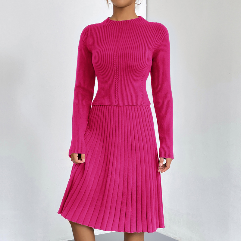 Solid A-Line Pleated Midi Skirt & Knit Sweater Two-Piece Set