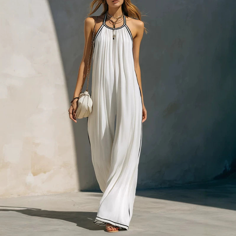 Elegant White Chiffon Piped Sleeveless Jumpsuit