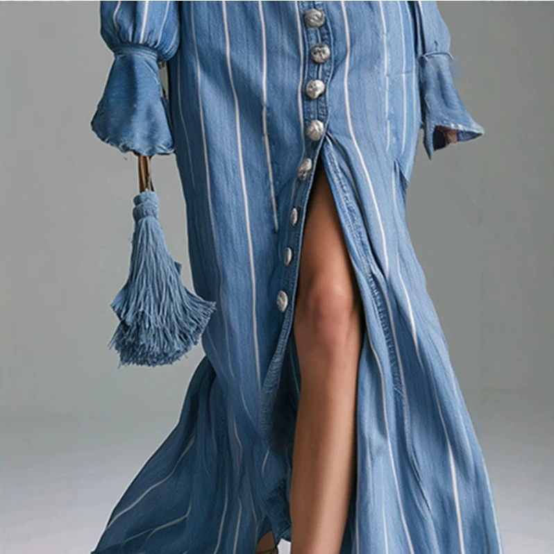 Blue Striped Button-Front Long Sleeve Maxi Dress