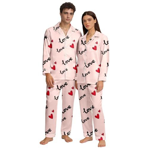 Cuban Collar Heart Print Long Sleeve Women's Set