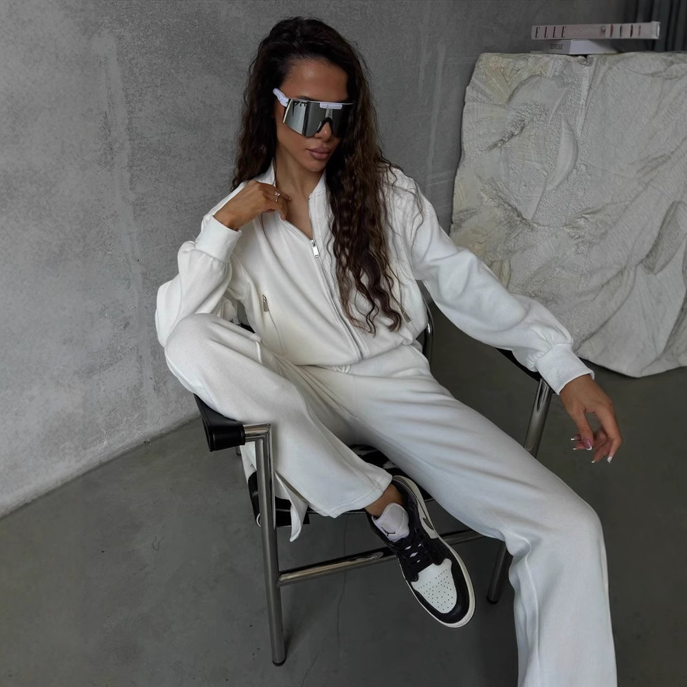 Women's Solid Color Long Sleeve Zip Cardigan and Tie Waist Jogger Two-Piece Set with Pockets